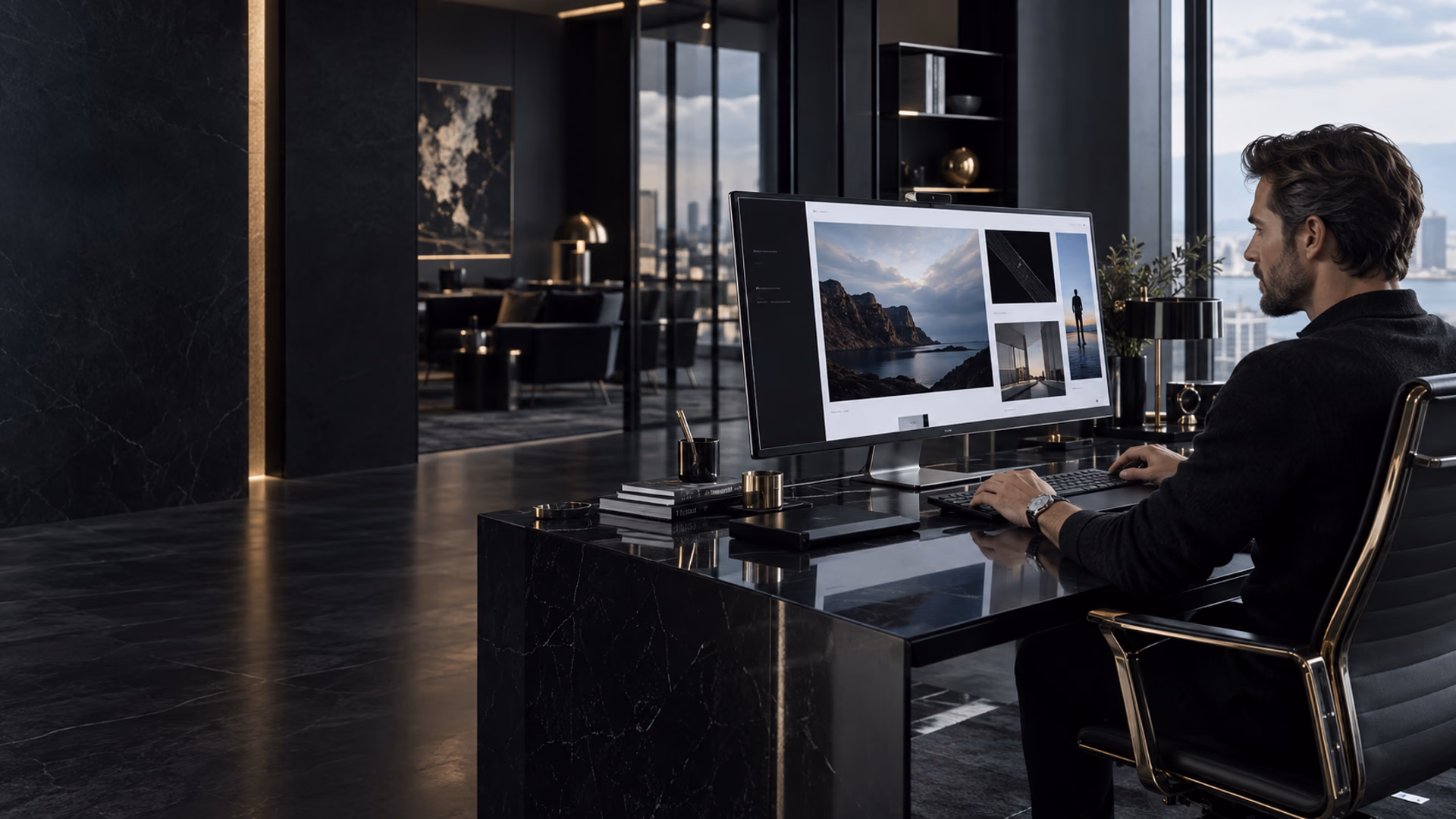 Web designer refining a premium responsive website in a sophisticated design studio